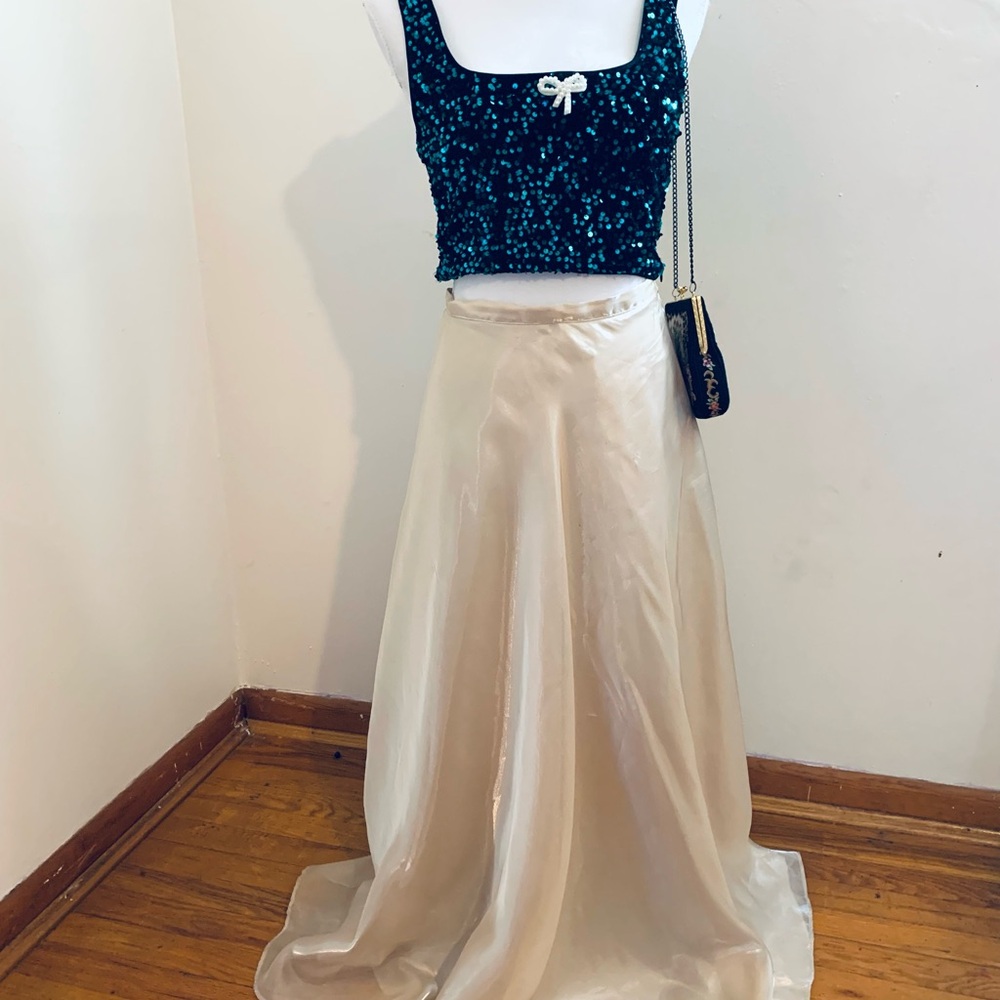 Vintage Teal and Cream Maxi Dress